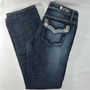 Papaya Embellilshed Rhinestone Distressed Dark Blue Denim Jeans